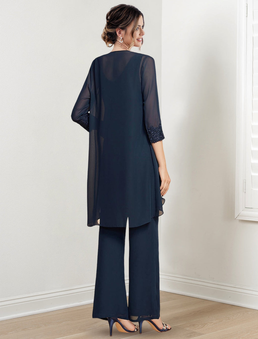 Mother Of The Bride Chiffon Pantsuit With Jacket Scoop Neck