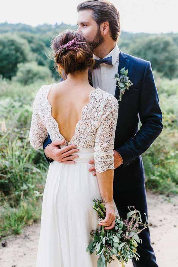 3/4 Sleeve See Through Backless Lace Chiffon Wedding Dresses