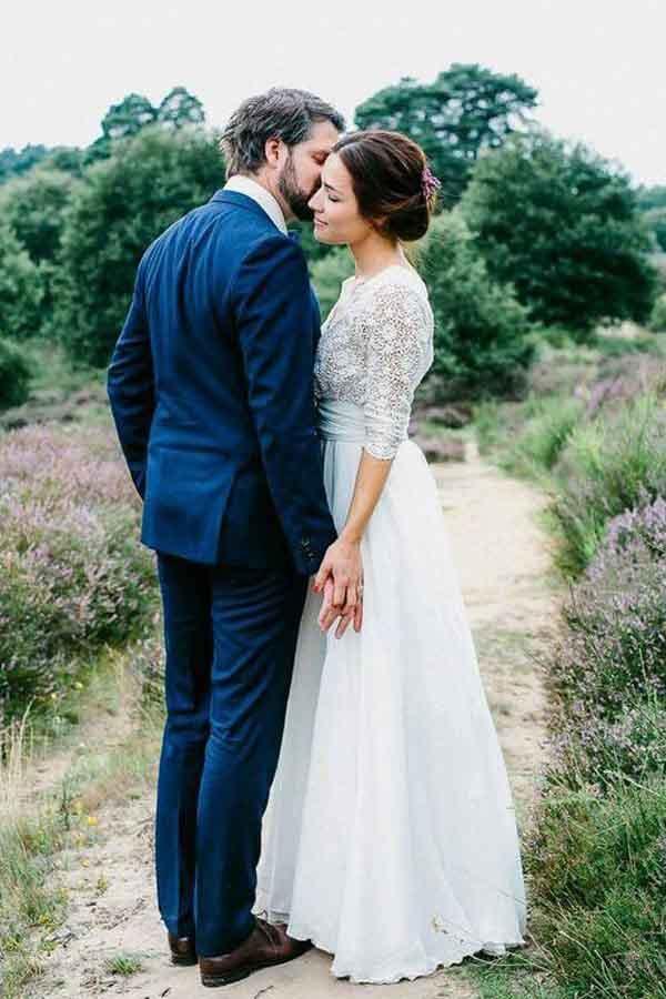 3/4 Sleeve See Through Backless Lace Chiffon Wedding Dresses