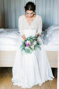 3/4 Sleeve See Through Backless Lace Chiffon Wedding Dresses