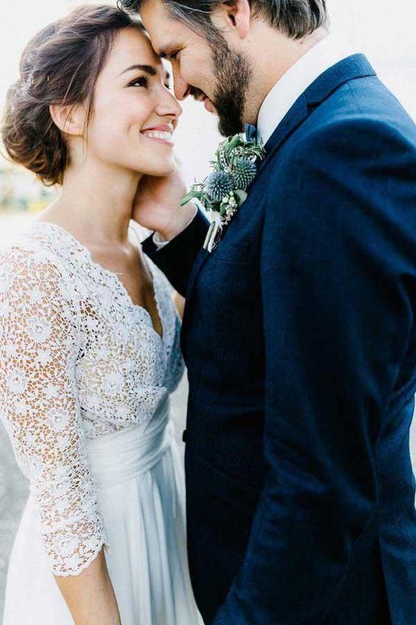 3/4 Sleeve See Through Backless Lace Chiffon Wedding Dresses