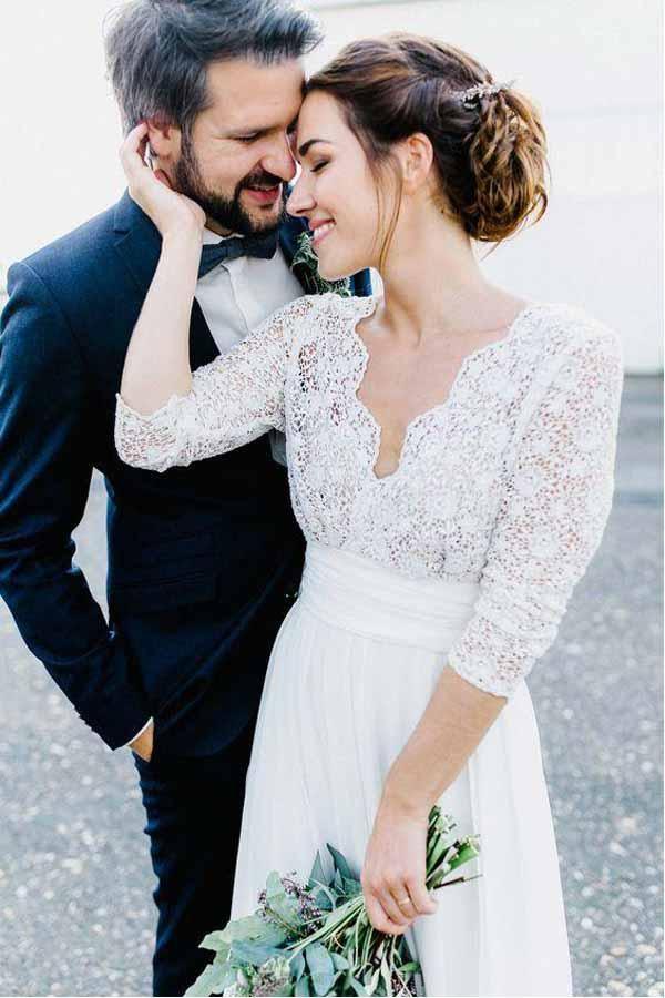 3/4 Sleeve See Through Backless Lace Chiffon Wedding Dresses
