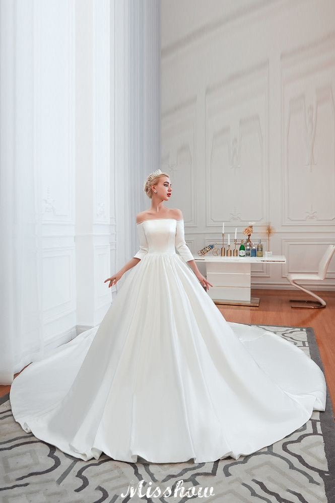 3/4 Sleeves Off-the-Shoulder Ball Gown White Aline Wedding Dress