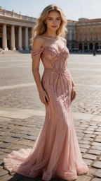 Blush Pink Beaded Off The Shoulder Corset Mermaid Evening Gown With Train