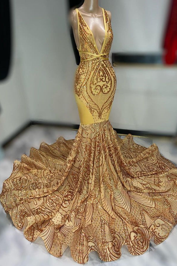 Robe de bal sans manches à épaules dénudées, paillettes or foncé avec appliques, col en V