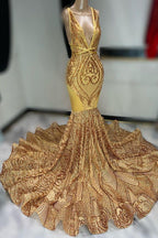 Robe de bal sans manches à épaules dénudées, paillettes or foncé avec appliques, col en V