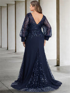 Sequined Floor Length Mother of the Bride Dress With Scoop Neck and Long Sleeves