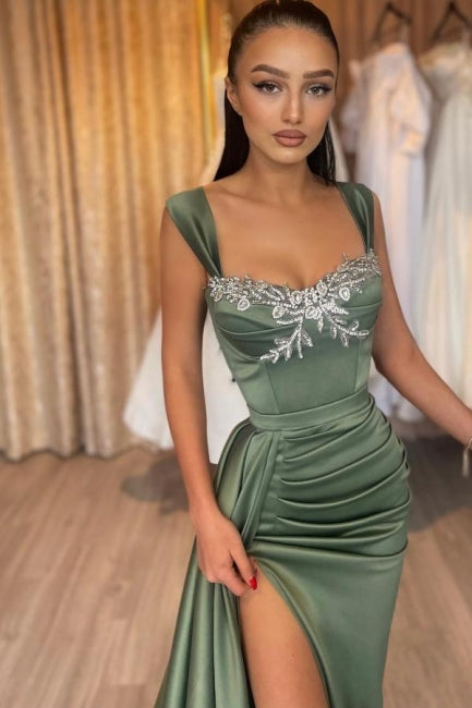 Robe de bal longue verte sans manches en satin avec dentelle sexy et fente