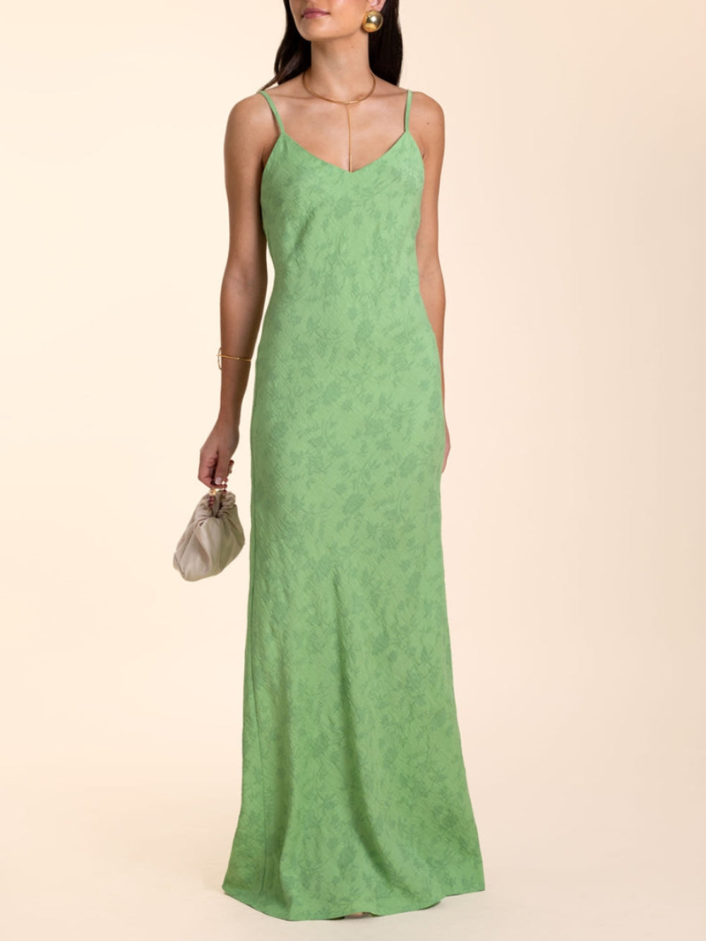 Elegante Abito Lungo Scollato a V in Jacquard Verde Lime