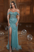 Robe de bal longue sirène en tulle avec perles et paillettes, épaules dénudées, fendue