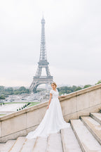 White Cap Sleeve A Line V Neck Lace Chiffon Wedding Dress