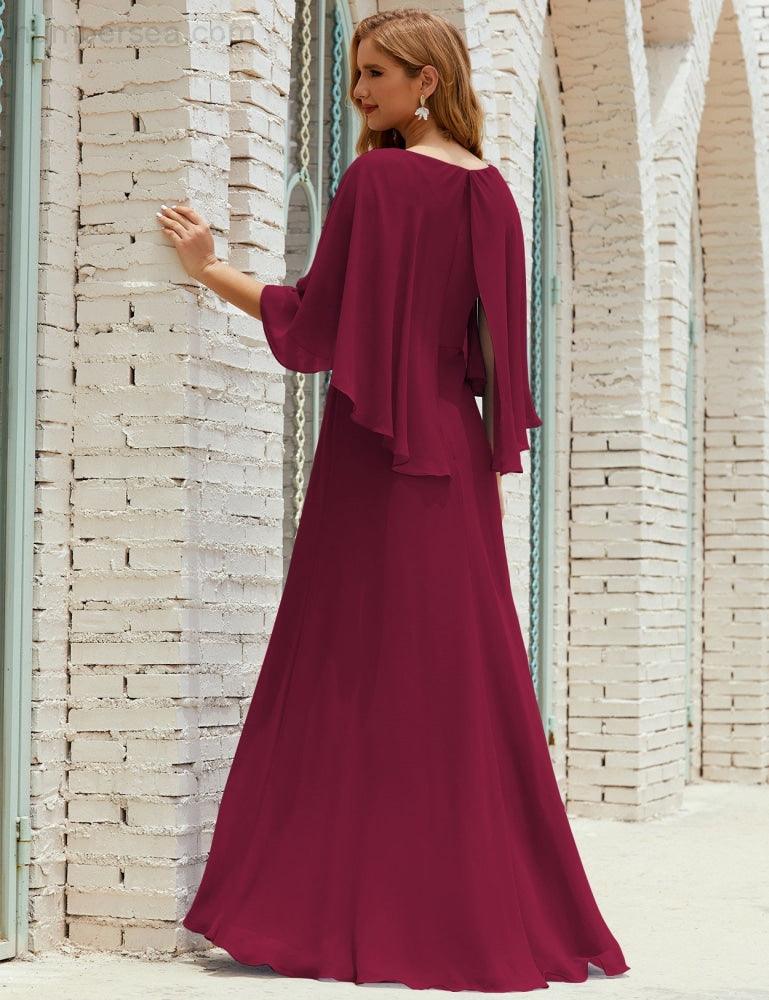 Bridesmaid Dress Women Long Sleeve V-Neck Chiffon Formal Wedding Party Dress 28018