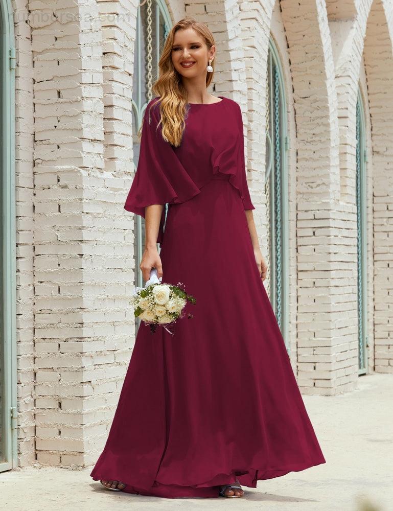 Bridesmaid Dress Women Long Sleeve V-Neck Chiffon Formal Wedding Party Dress 28018