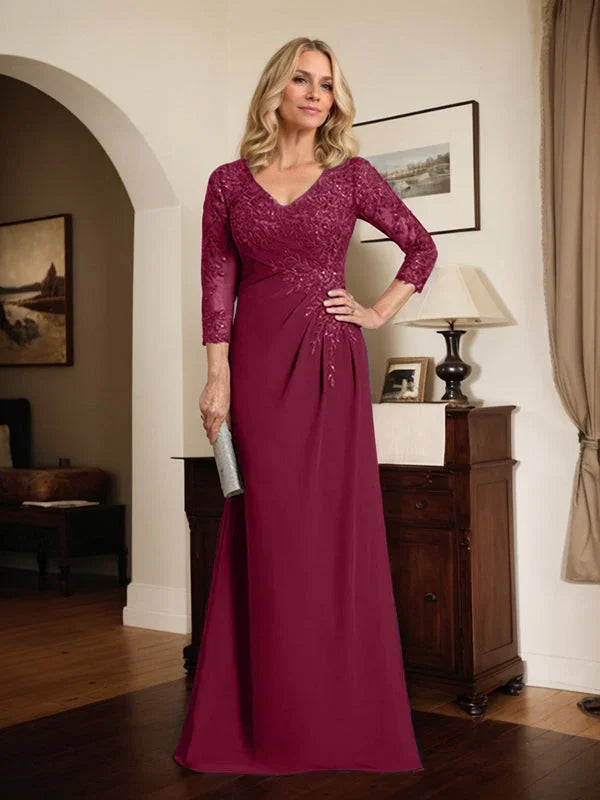 Vestido de madrina de novia con escote en V ilusión, corte columna, largo hasta el suelo, de encaje y gasa con lentejuelas plisadas