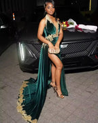Vestido de fiesta de terciopelo verde sexy con apliques dorados, cuentas y abertura, vestido de cumpleaños negro para niña Y8122