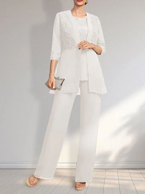 Tuta/Pantaloni Separati con Scollo a U, Lunghezza a Terra, in Chiffon e Pizzo, Abito per Madre della Sposa con Paillettes