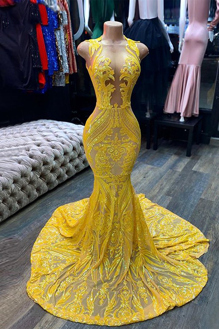 Abito da sera giallo lungo senza maniche con scollo a V, paillettes, pizzo e taglio a sirena
