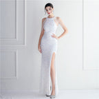 Heavy Industry Micro Glass Bead Craft Beaded Cocktail Evening Dress Elegant Long Halter Split Sequ