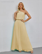 Ruffled One Shoulder Sleeveless Long Bridesmaid Dresses A-line Formal Evening Gown Side Split 28080