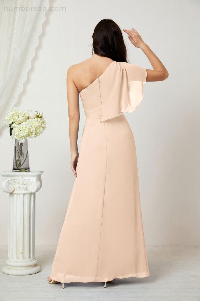 Chiffon Ruffled One Shoulder Long Bridesmaid Dresses A-line Formal Evening Gown Side Split 2809