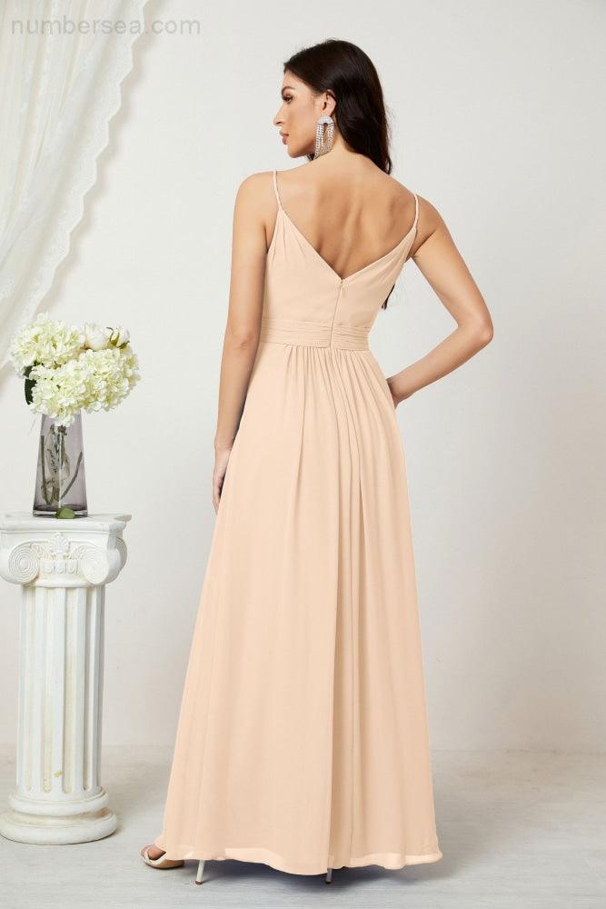 Chiffon V-Neck Bridesmaid Dress Spaghetti Strap Long Formal Party Prom Gowns with Slit 28010