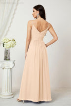 Chiffon V-Neck Bridesmaid Dress Spaghetti Strap Long Formal Party Prom Gowns with Slit 28010