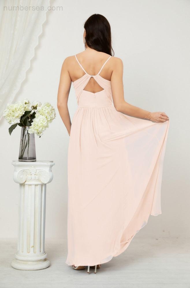 Neck Bridesmaid Dresses Chiffon Long Spaghetti A-line Formal Prom Gown for Wedding Party Evening 2801