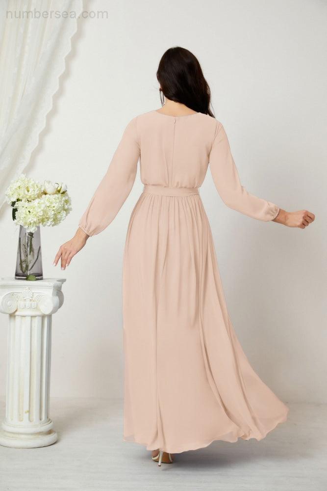 Evening Dresses Deep V-Neck Chiffon Bridesmaid Dresses Long Bishop Sleeve Side Split Formal Dress 2806
