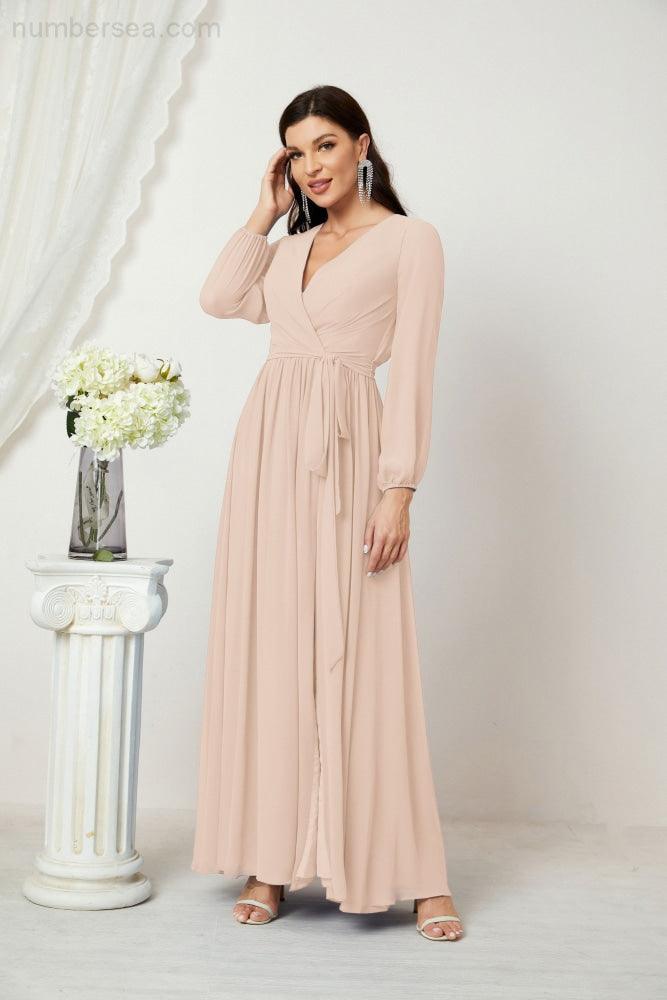 Evening Dresses Deep V-Neck Chiffon Bridesmaid Dresses Long Bishop Sleeve Side Split Formal Dress 2806
