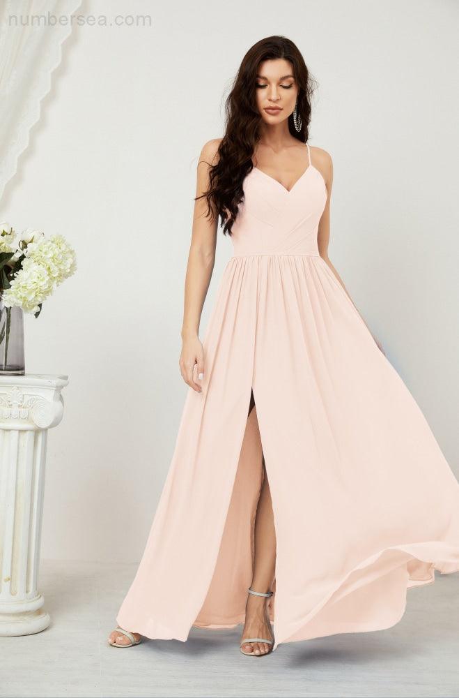 Neck Bridesmaid Dresses Chiffon Long Spaghetti A-line Formal Prom Gown for Wedding Party Evening 2801