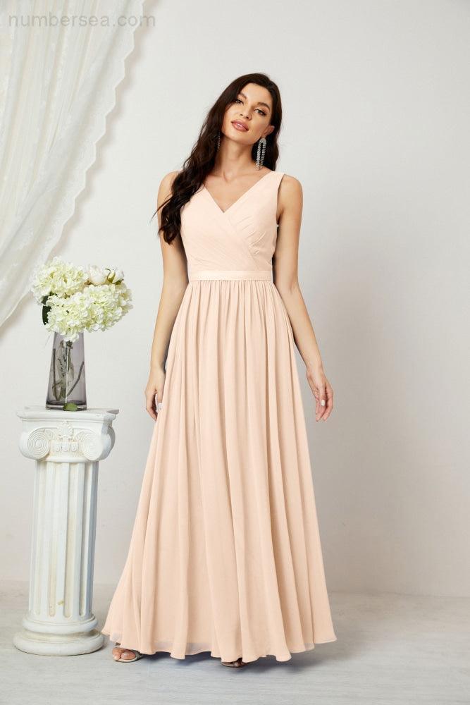 Abiti lunghi da damigella in chiffon da donna, linea a, senza maniche, abito formale da ballo per serata, abiti per festa di ritorno a casa 2808