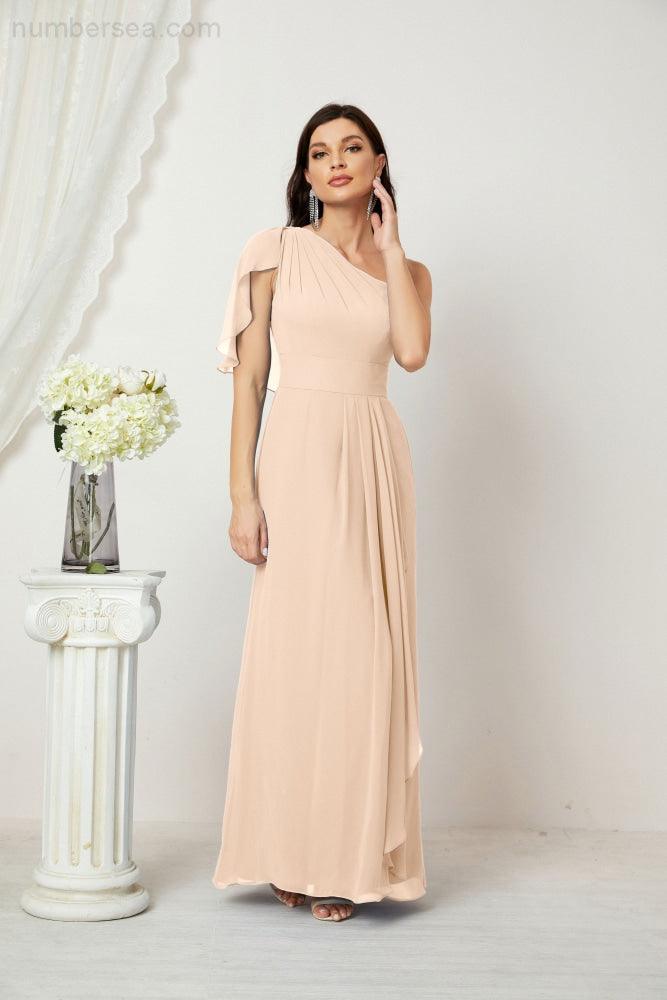 Chiffon Ruffled One Shoulder Long Bridesmaid Dresses A-line Formal Evening Gown Side Split 2809