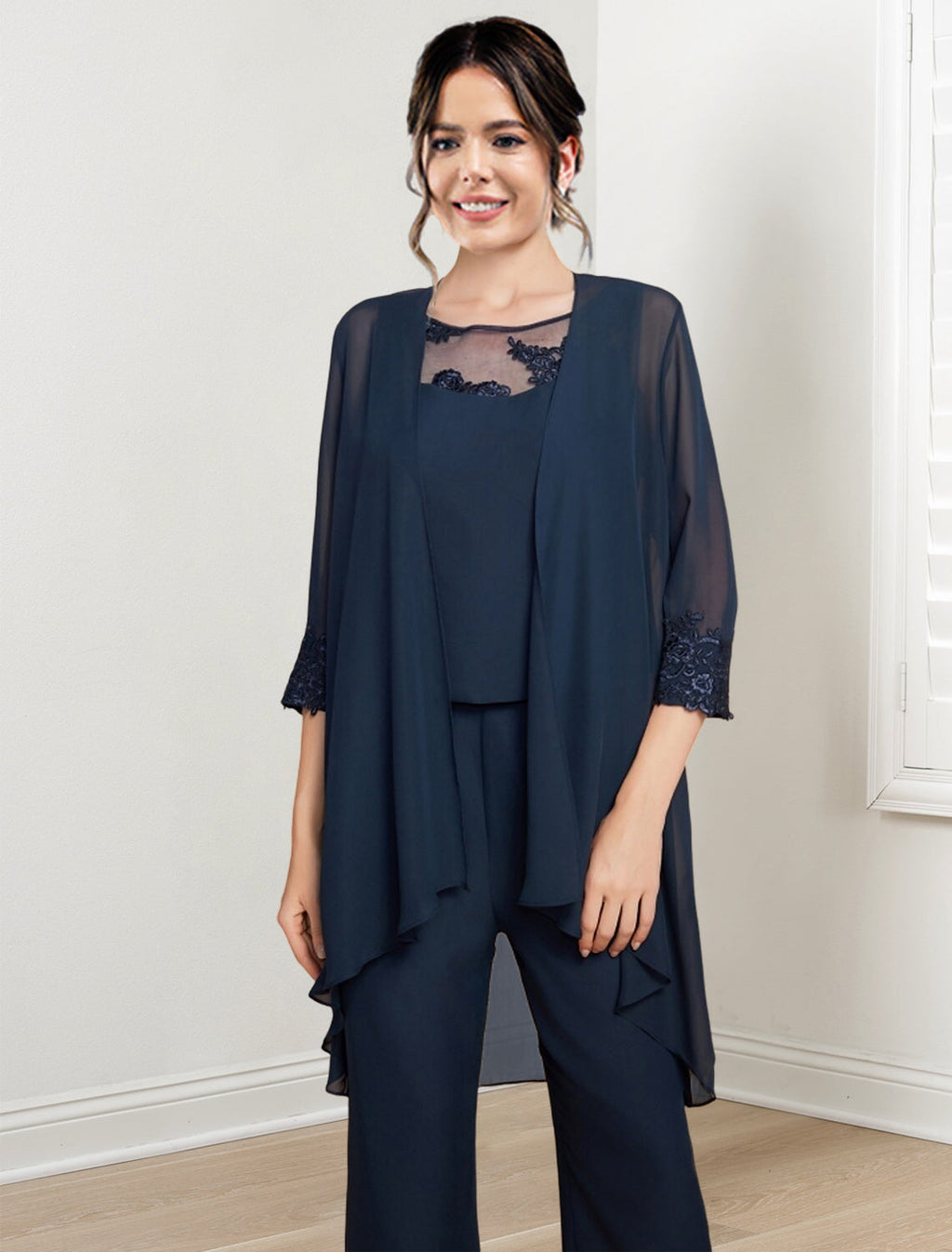 Mother Of The Bride Chiffon Pantsuit With Jacket Scoop Neck