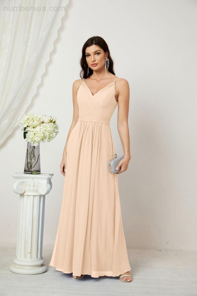 Chiffon V-Neck Bridesmaid Dress Spaghetti Strap Long Formal Party Prom Gowns with Slit 28010