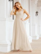 Formelles Ballkleid Elegantes ärmelloses Brautjungfernkleid mit V-Ausschnitt für Hochzeitsfeier 28037