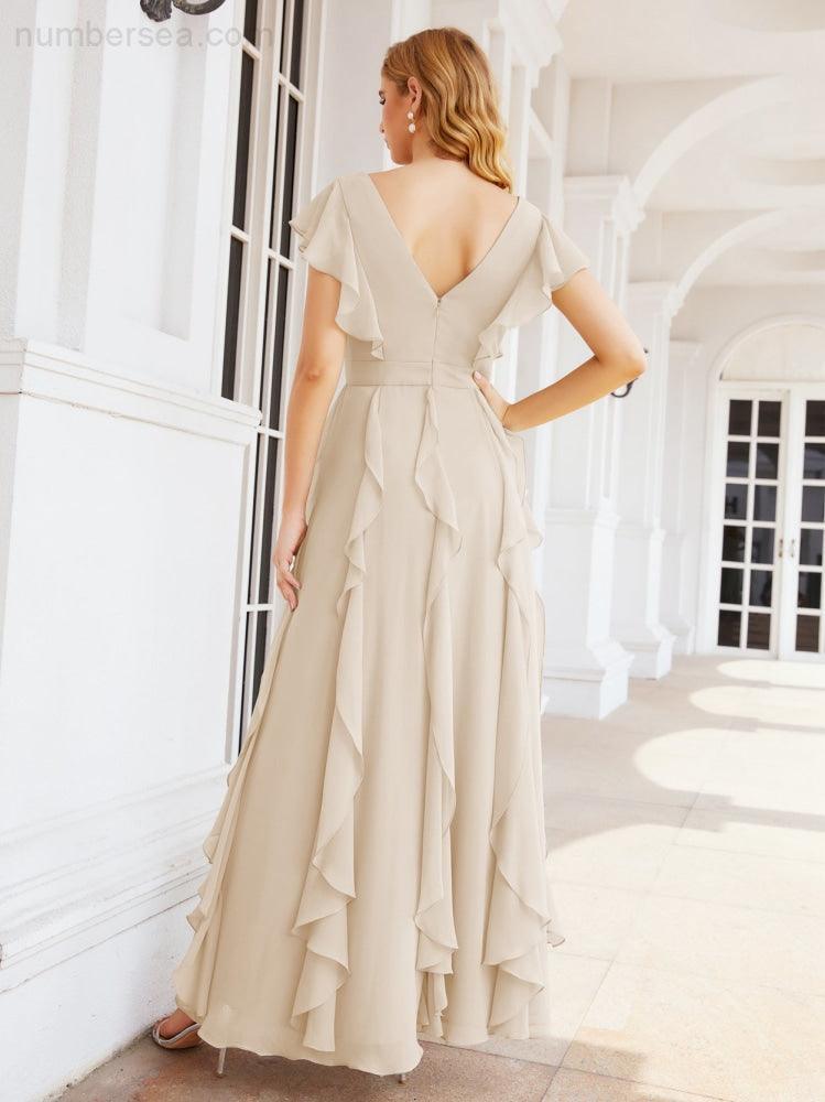Ruffled Bridesmaid Dresses with Sleeves Long Formal Party Dress 28041