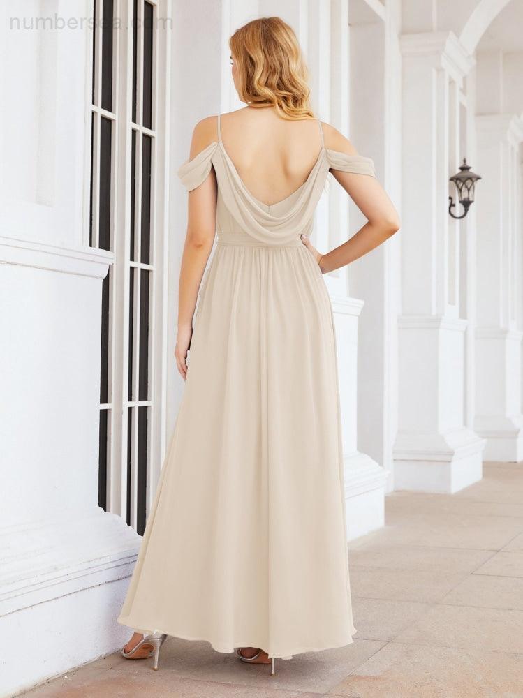Numbersea Abito da Damigella in Chiffon con Spalle Scoperte, Abito Lungo Formale per Laurea con Schiena a Mantella 28069