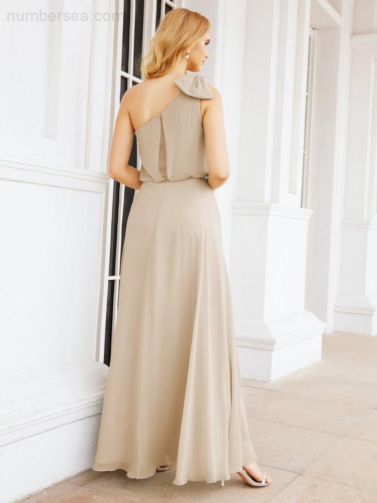 Chiffon Ruffled One Shoulder Sleeveless Long Bride Dresses A-line Formal Evening Gown Side Split 28057