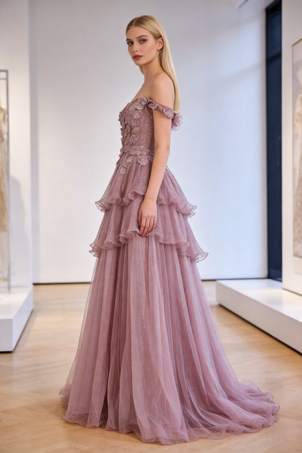 Luxuriöses rosa traumhaftes Kleid mit Rüschen und Perlenbesatz, A-Linien-Abendkleid LA73385