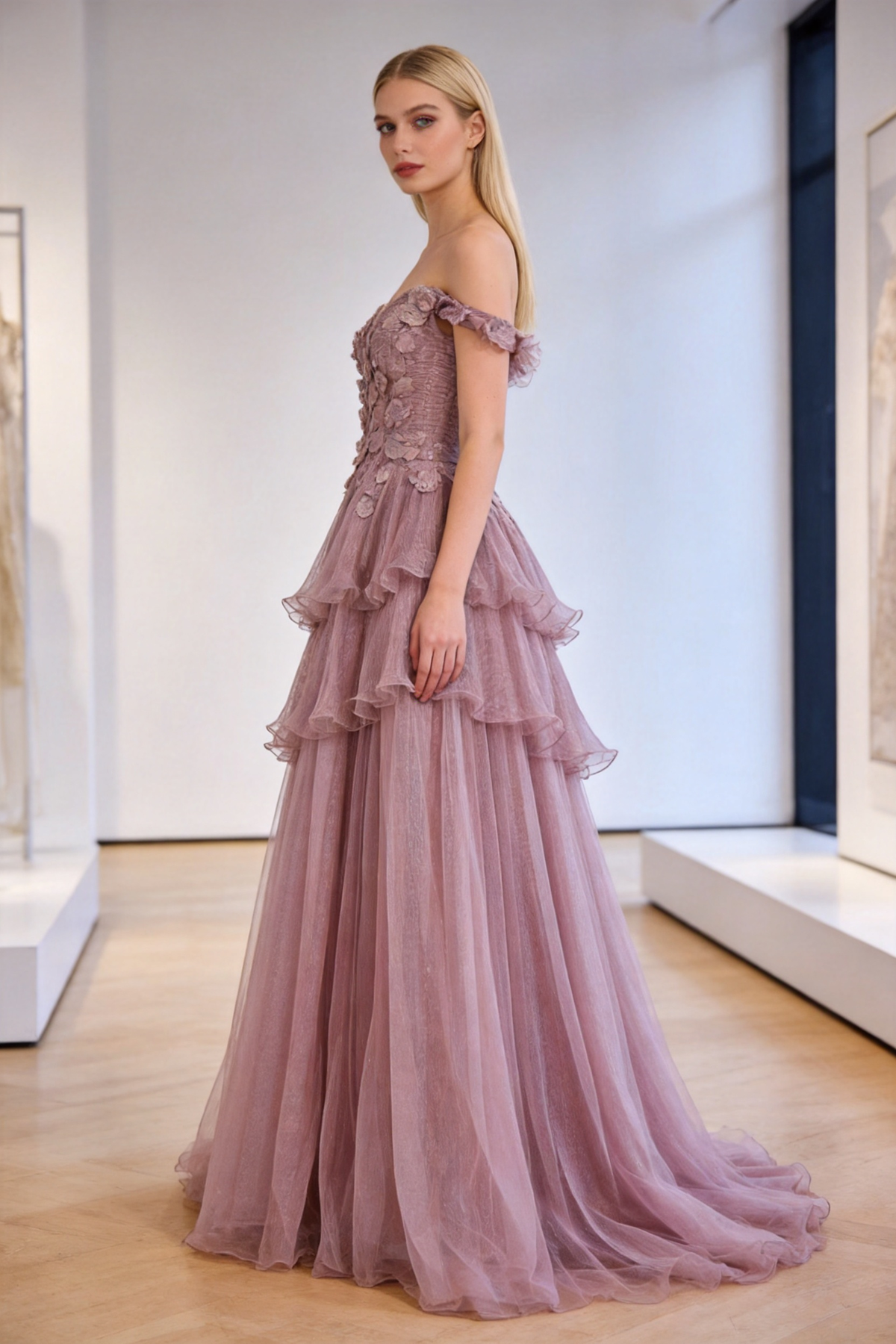 Luxury Pink Dreamy Ruffles Beaded A-Line Evening Dress LA73385