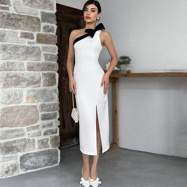 TARUXY Collare Asimmetrico ad Arco Abito Midi Sexy Spaccato Donna Colore Contrastante Senza Maniche Elegante Abito da Sera per Club Abbigliamento alla Moda con Inserti