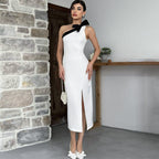TARUXY Collare Asimmetrico ad Arco Abito Midi Sexy Spaccato Donna Colore Contrastante Senza Maniche Elegante Abito da Sera per Club Abbigliamento alla Moda con Inserti