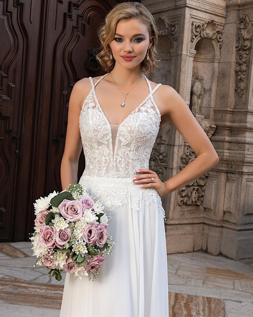 Elegant V Neck Long A Line Split Wedding Dress With Chiffon Lace
