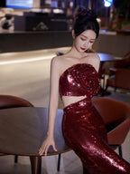 Burgundy Strapless Sequin Rose Flowers Prom Dress Mermaid Long Evening Dress Y8595