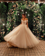 Elegant Tulle Off The Shoulder A Line Long Wedding Dress With Chapel Train