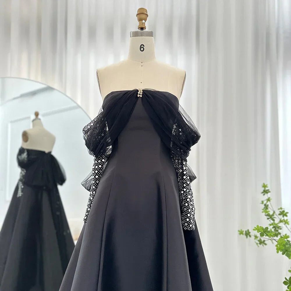 Vestidos de noche lujosos de Dubái para mujer Fiesta de boda Vestido de gala negro de manga larga para baile de graduación Y4621
