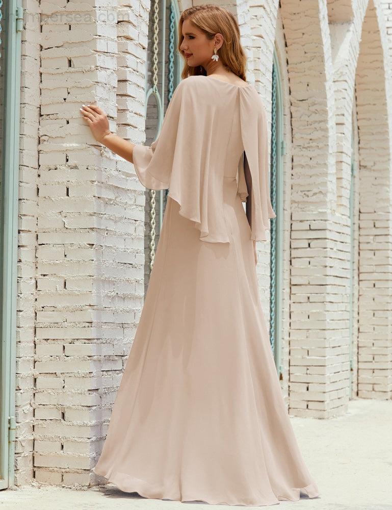 Bridesmaid Dress Women Long Sleeve V-Neck Chiffon Formal Wedding Party Dress 28018