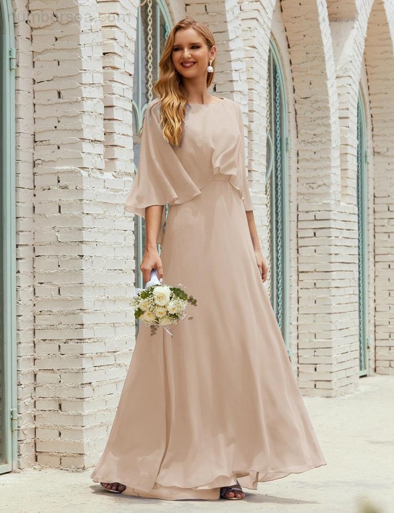 Bridesmaid Dress Women Long Sleeve V-Neck Chiffon Formal Wedding Party Dress 28018