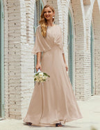 Bridesmaid Dress Women Long Sleeve V-Neck Chiffon Formal Wedding Party Dress 28018