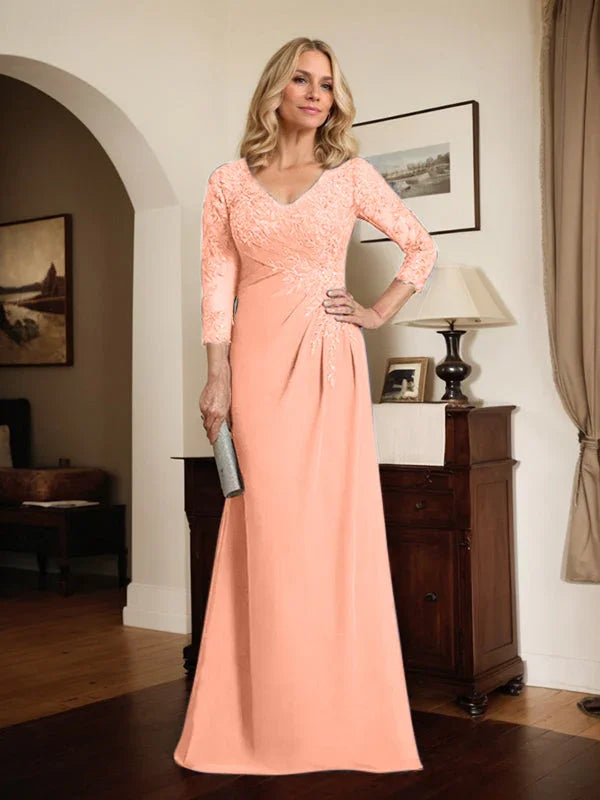 Vestido de madrina de novia con escote en V ilusión, corte columna, largo hasta el suelo, de encaje y gasa con lentejuelas plisadas